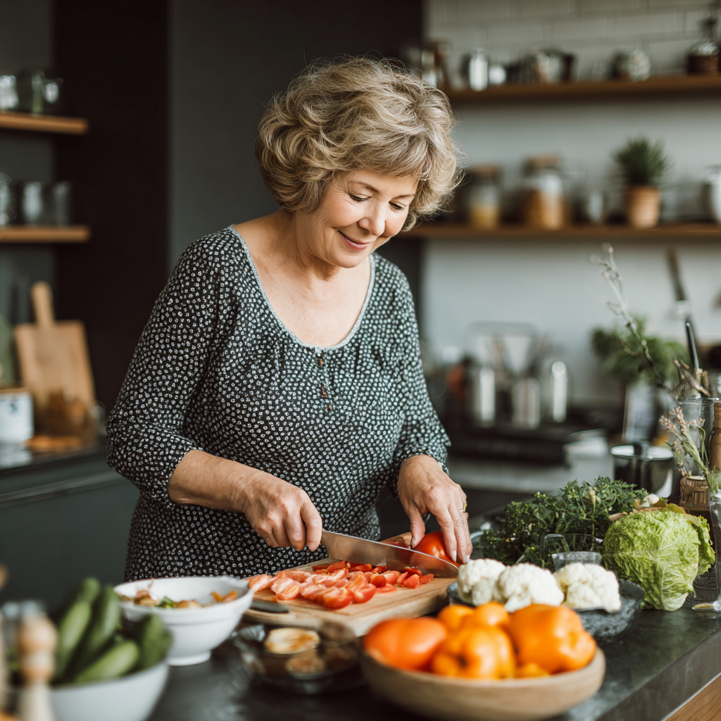 middle-aged woman preparing healthy balanced meal in modern kitchen