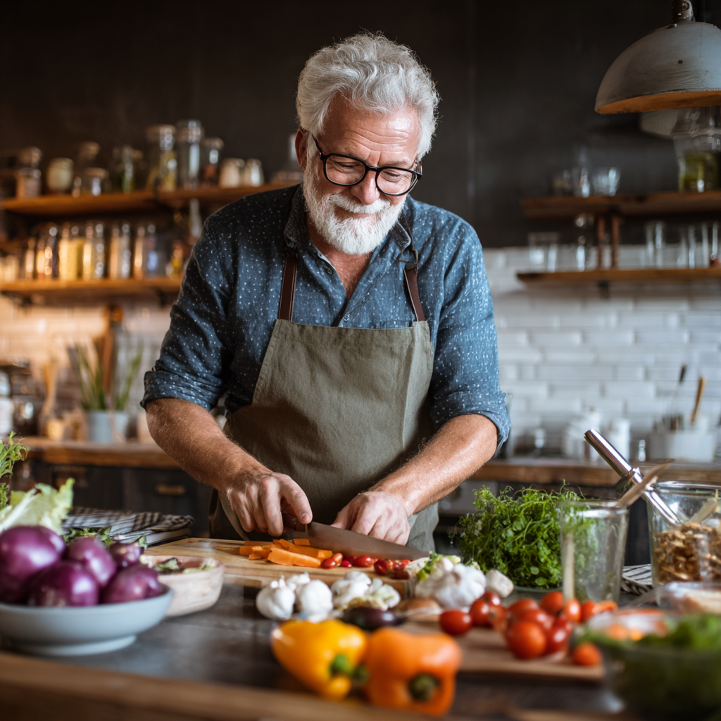 senior man cooking nutritious meal following personalized plan from nutritionist